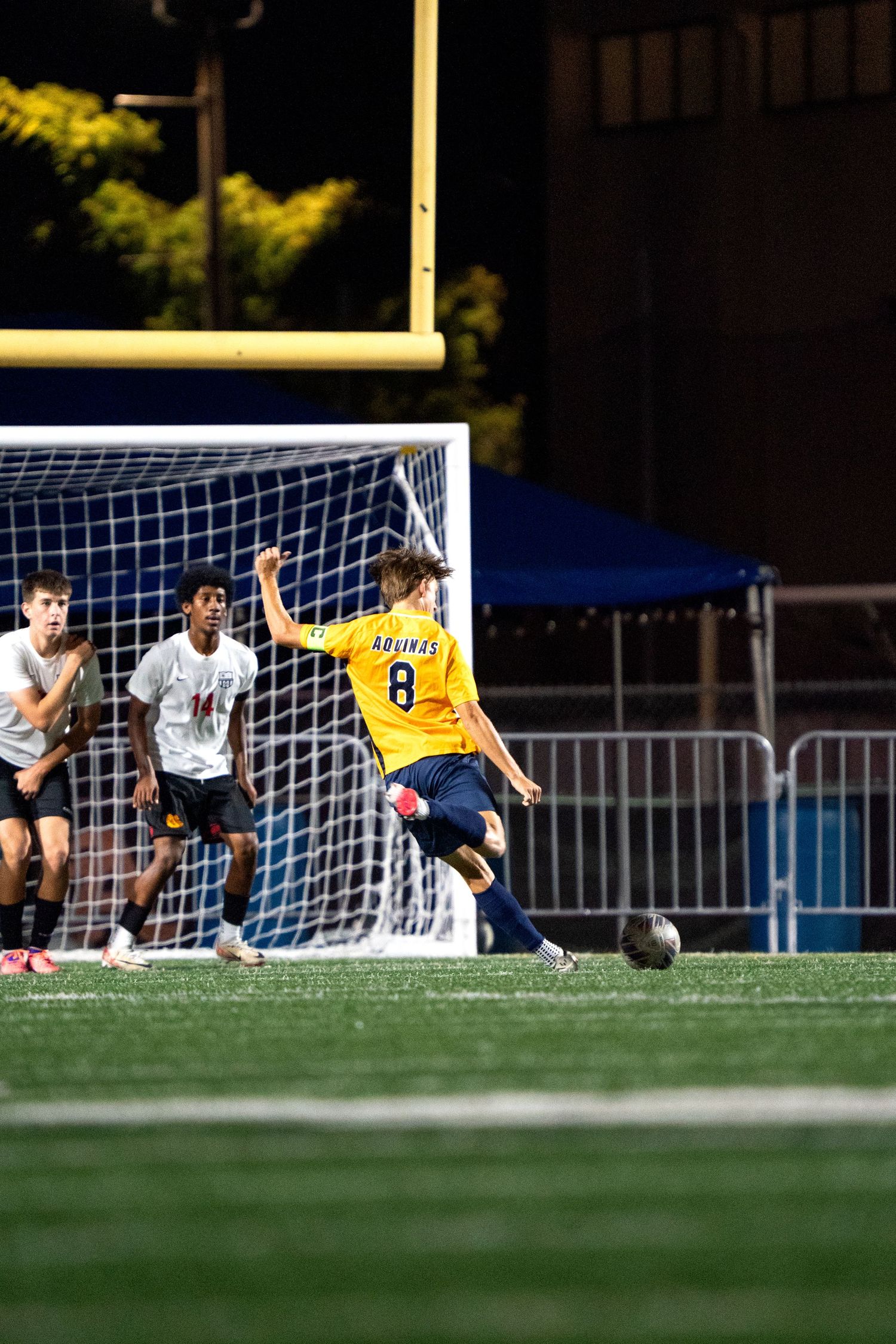 Soccer match action shot showing players competing near the goal on a grass field.