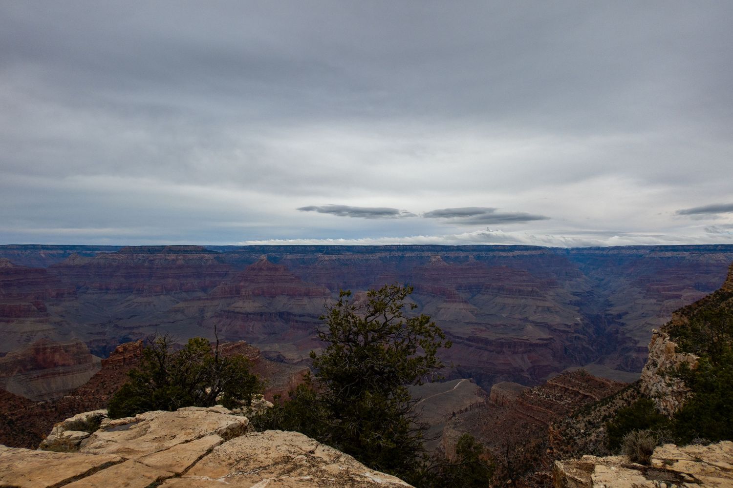Majestic view of the Grand Canyon's vast expanse under an overcast sky.