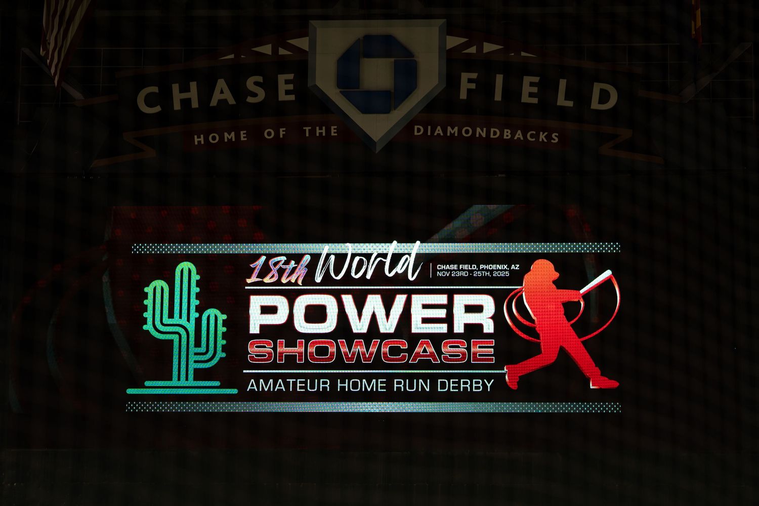 Baseball stadium signage showing Chase Field and Power logos at night.