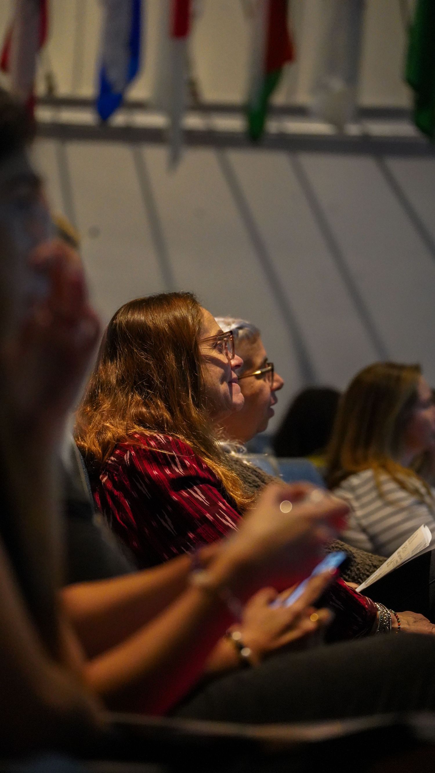 Audience members seated in darkened room during presentation.