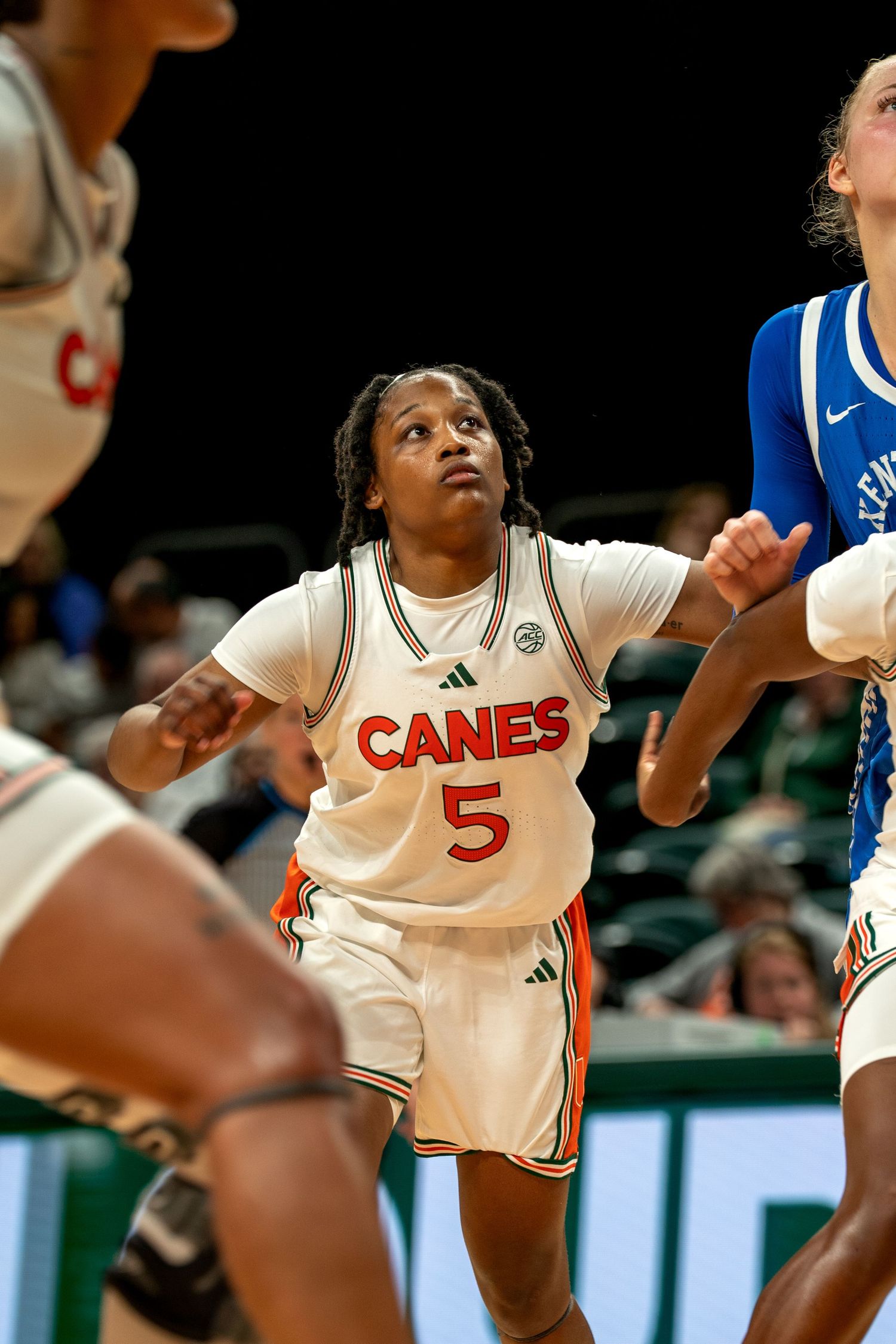 Basketball players from Miami Hurricanes and opposing team in white and blue uniforms on the court during a game.