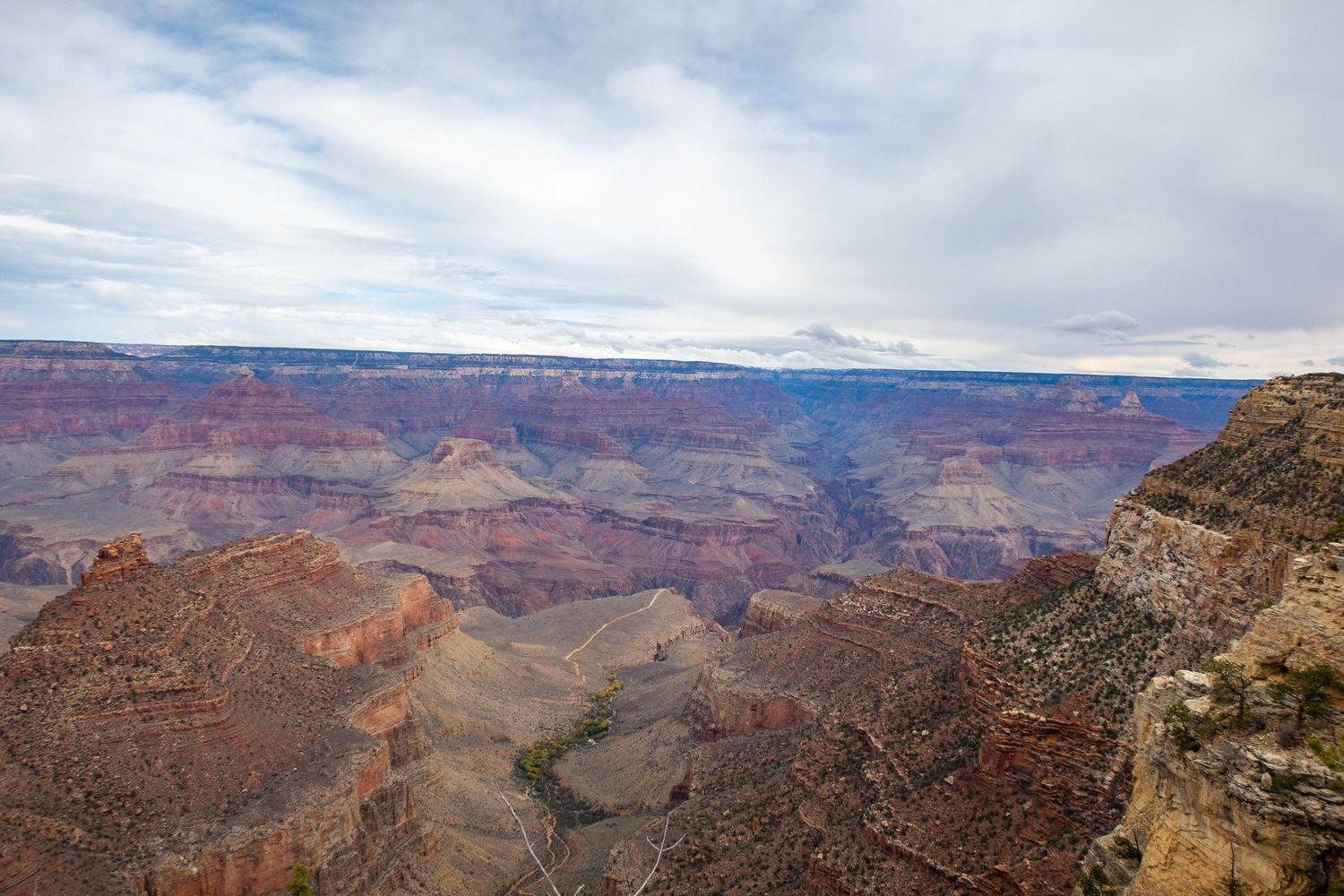 Panoramic view of the Grand Canyon's layered rock formations stretching to the horizon under cloudy skies.