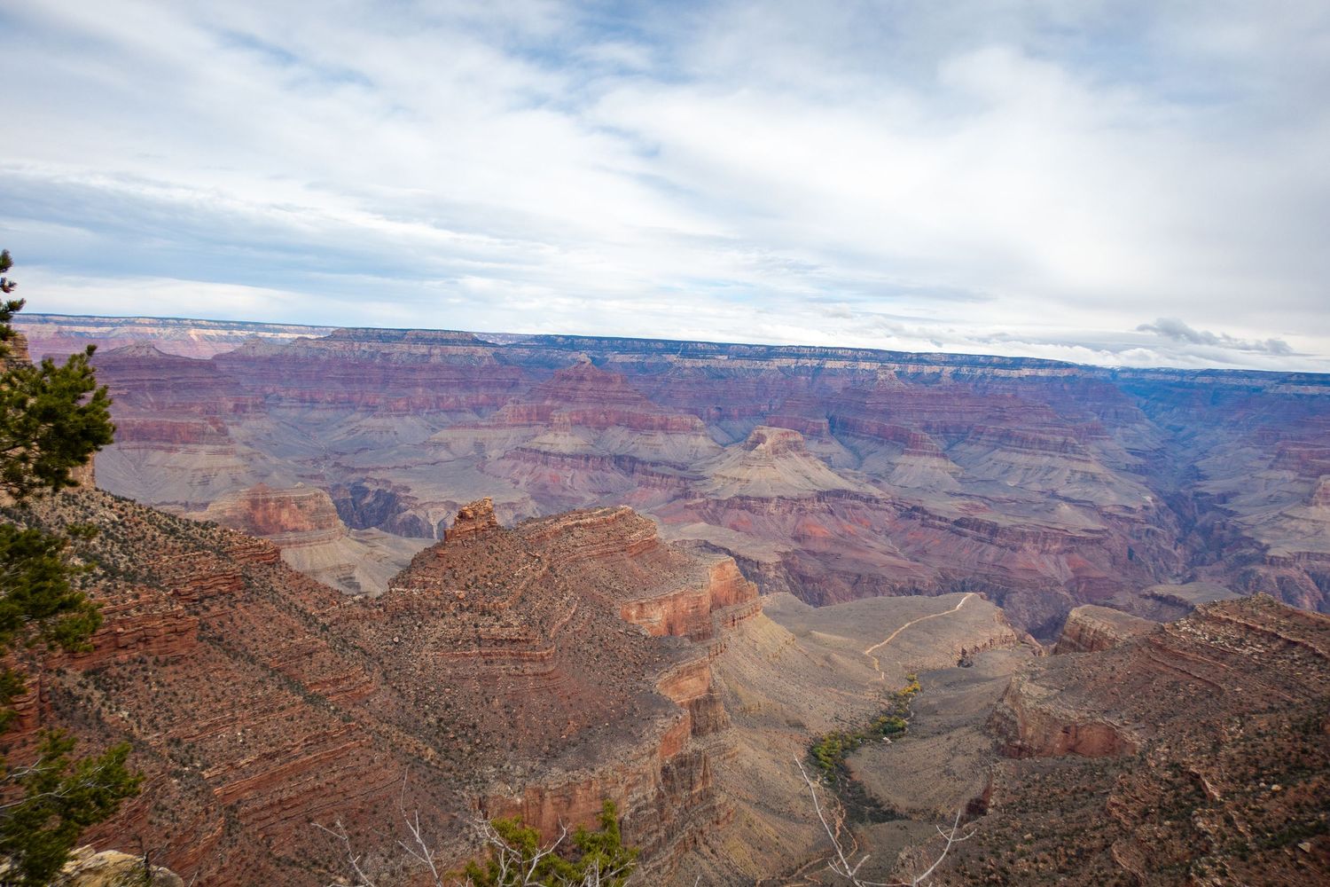 Panoramic vista of Grand Canyon showing colorful rock layers and vast geological formations.