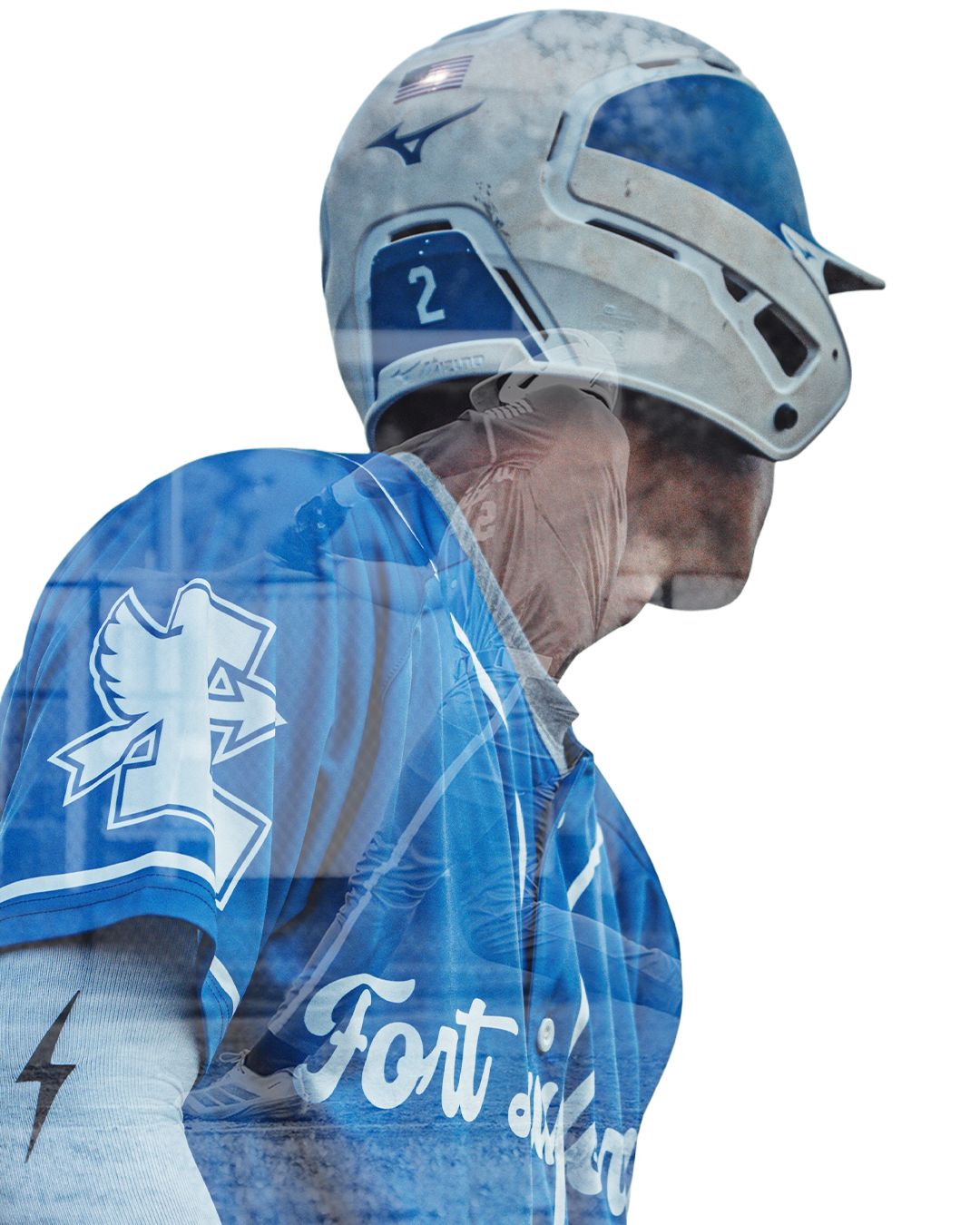 Fort baseball player #2 in blue Mizuno helmet and jersey in a double exposure action portrait.