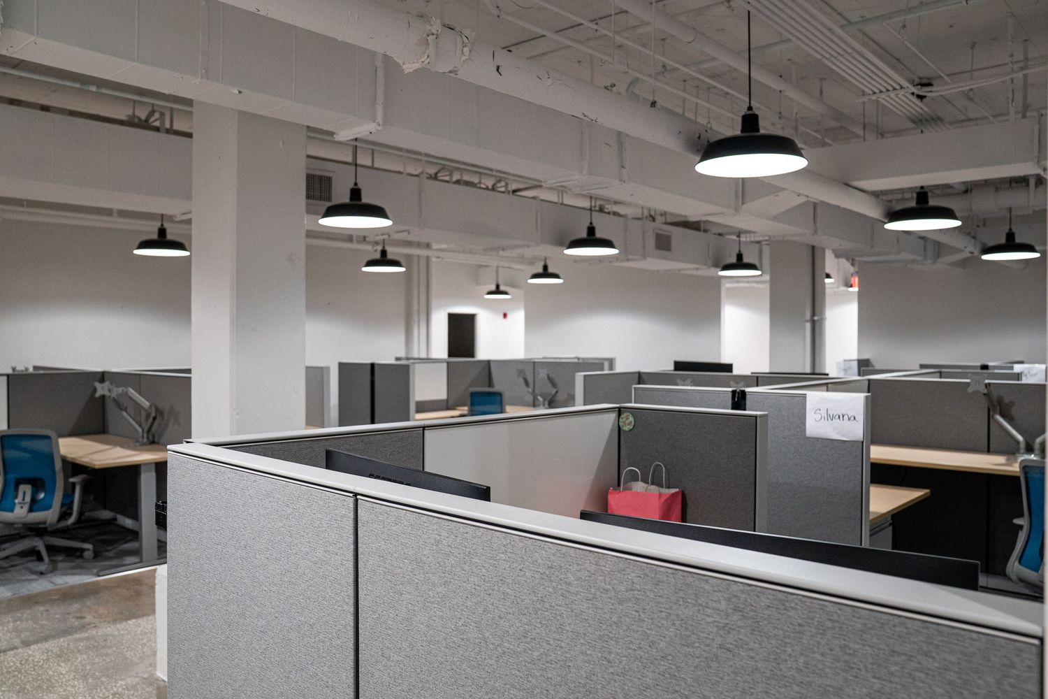Open plan office area featuring gray workstation dividers and black industrial pendant lights.