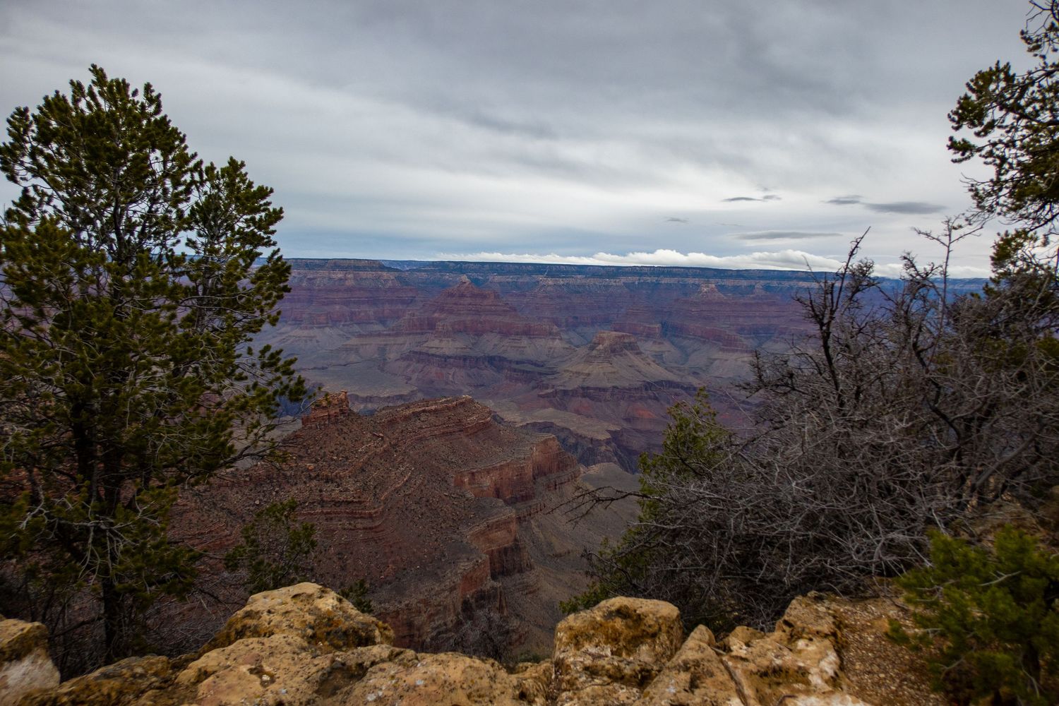 Sweeping view of Grand Canyon's rocky terrain and distant ridges under moody skies.