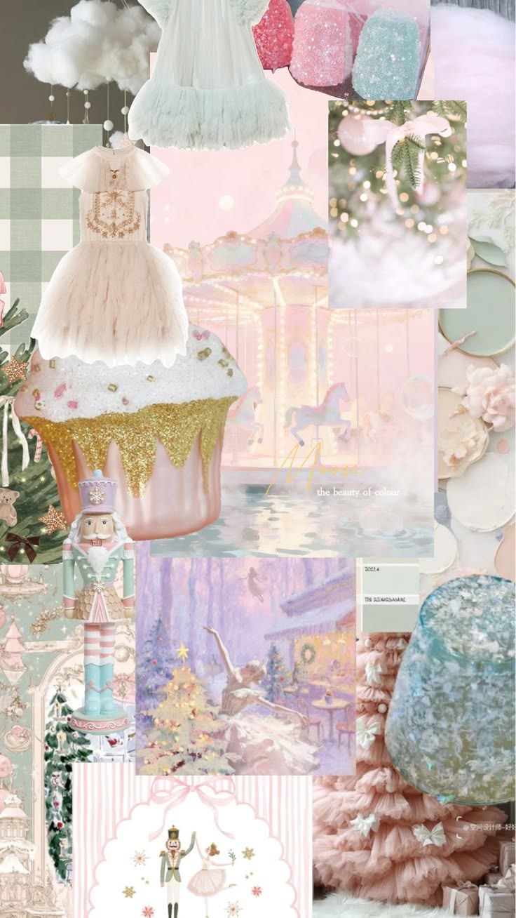 Pastel pink and mint green Christmas mood board with nutcracker, carousel, cupcake, and whimsical holiday aesthetic collage.
