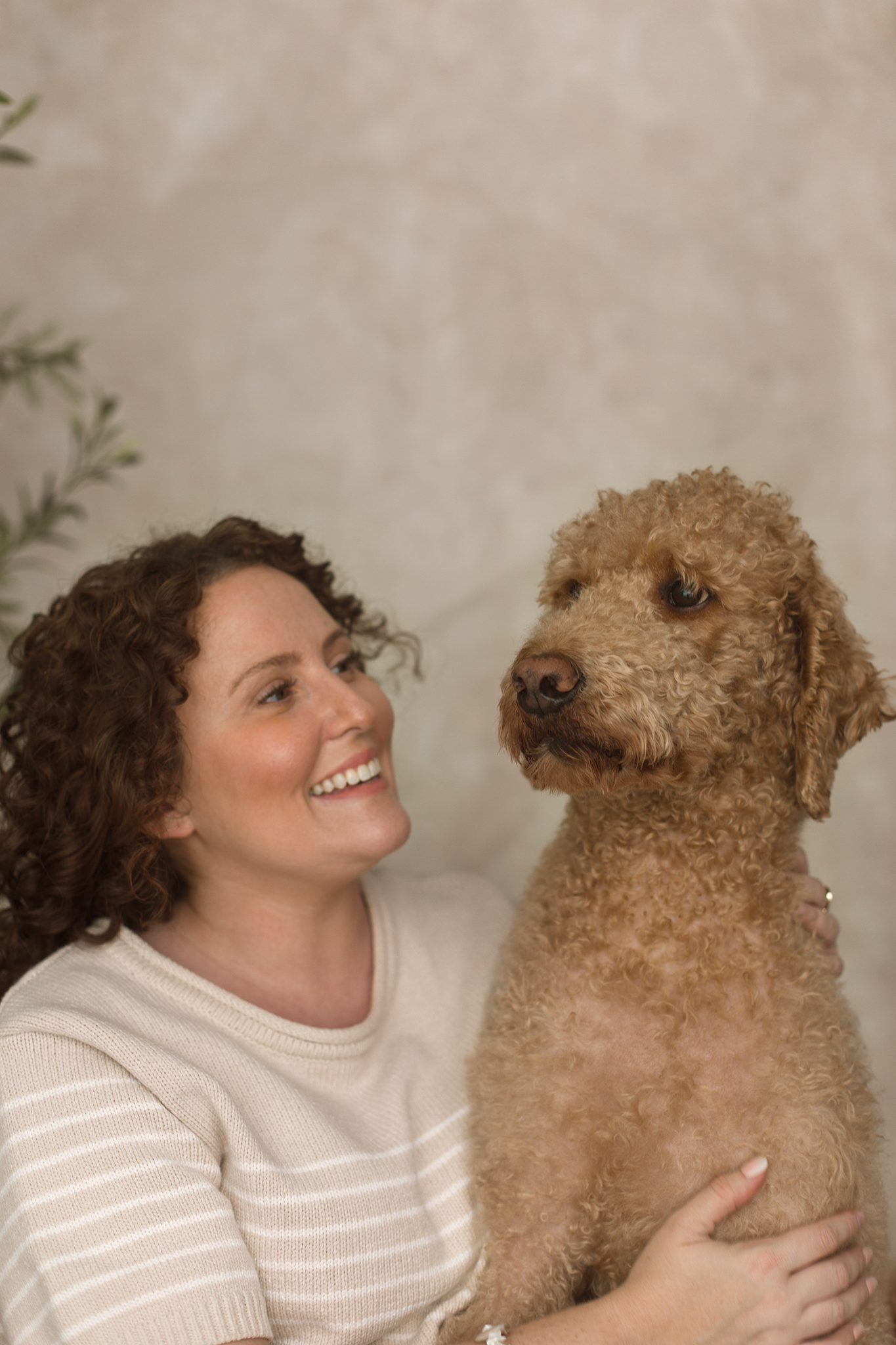 Smiling curly-haired woman holding an apricot goldendoodle dog against a neutral background in St. Petersburg, FL photo studio