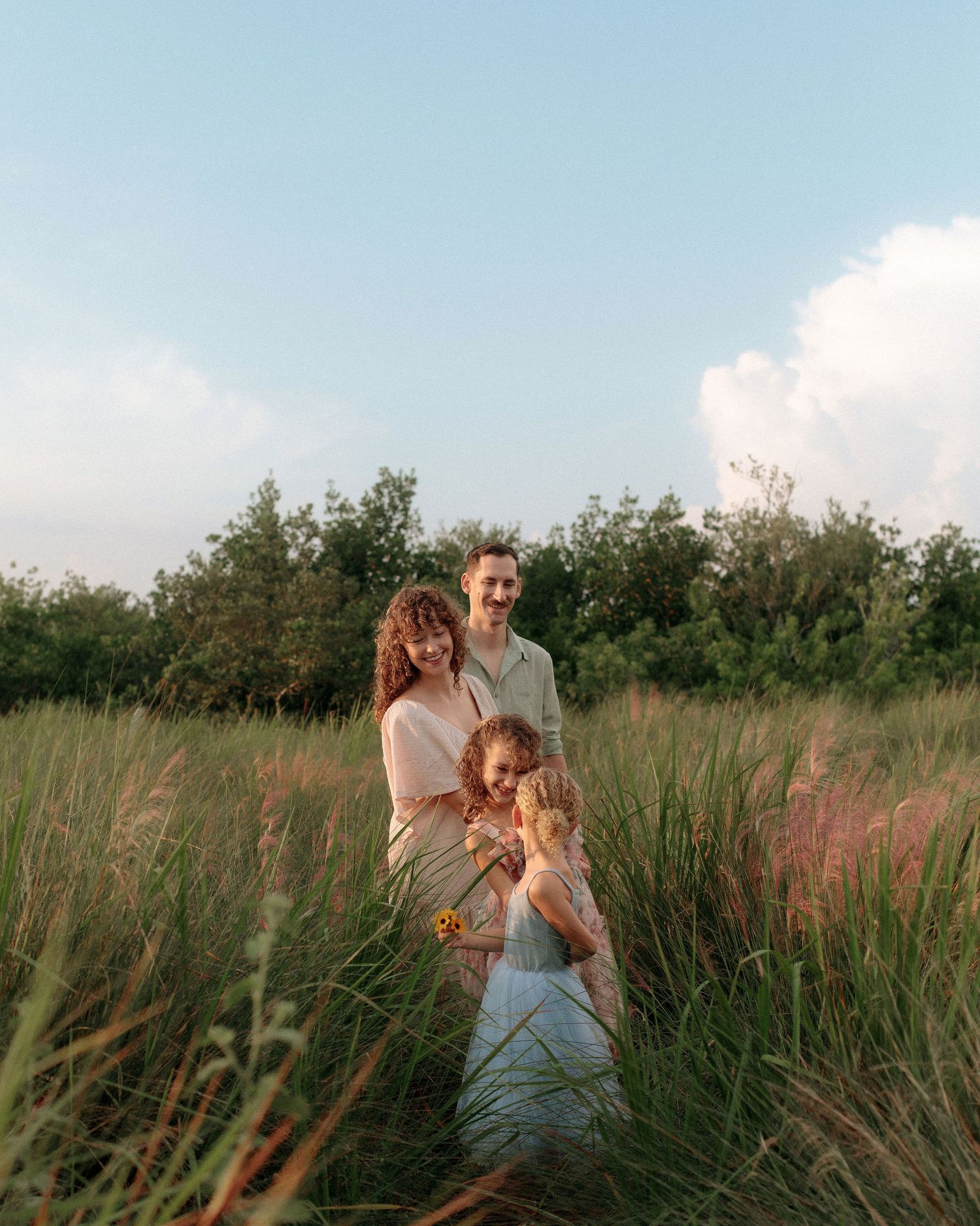 Family of four in soft neutral outfits posing together in a tall golden grass field with trees and a blue sky at sunset.