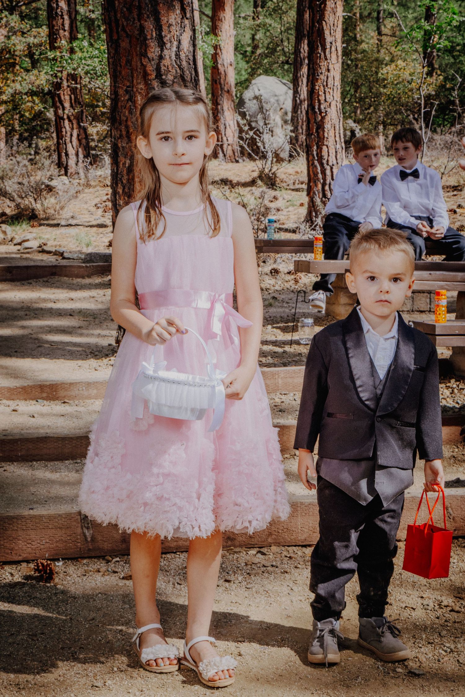 Young flower girls in pink tulle dresses and ring bearer in suit walking together on forest path.