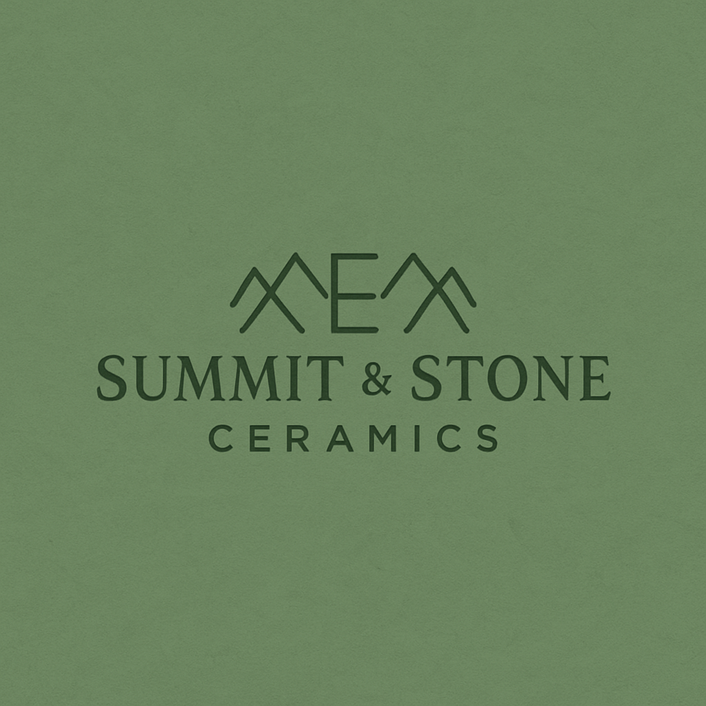 Summit & Stone Ceramics logo on sage green background featuring minimalist mountain peaks design in dark green typography.