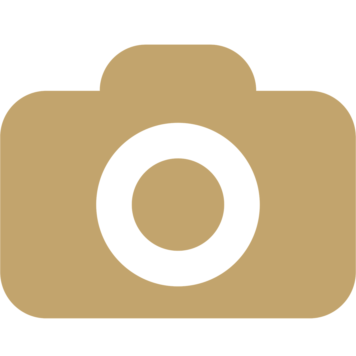 Gold camera icon on white background representing photography services.
