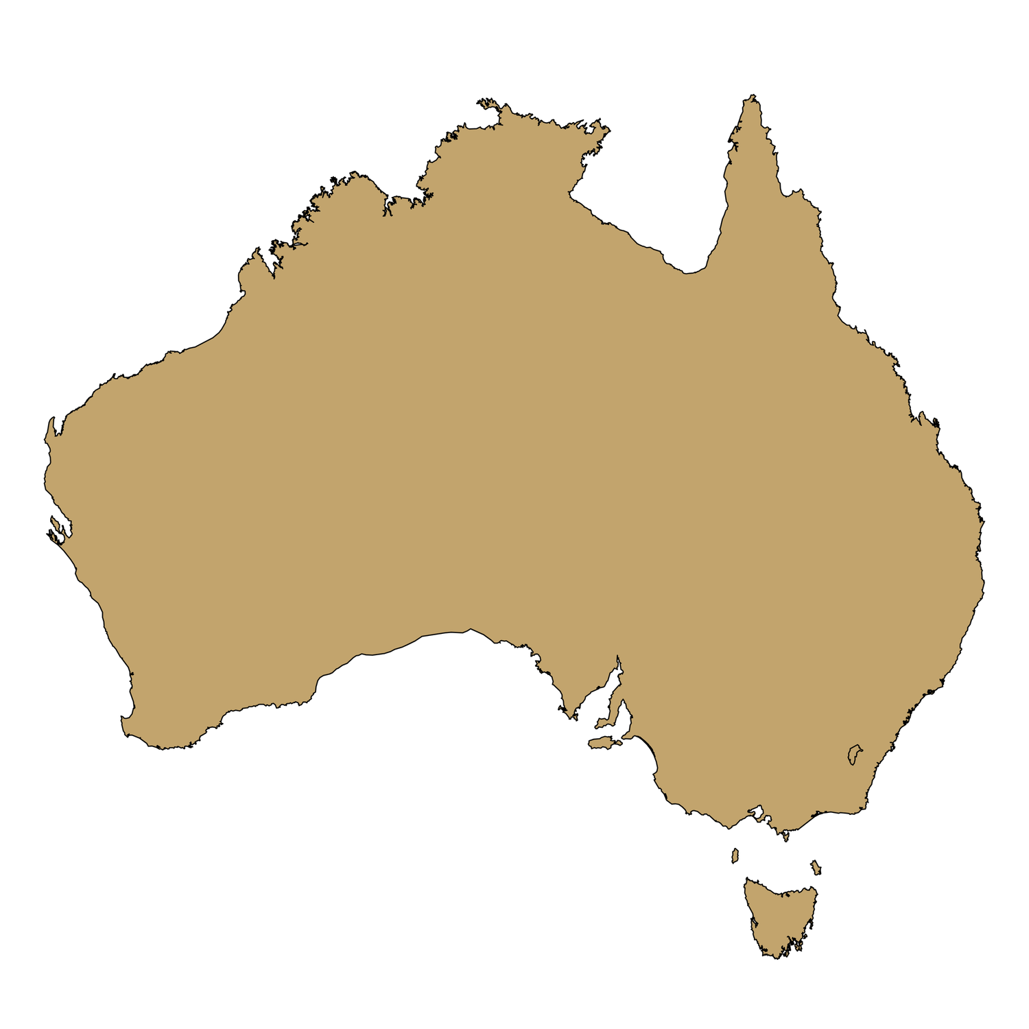 Gold outline map of Australia including Tasmania on white background.