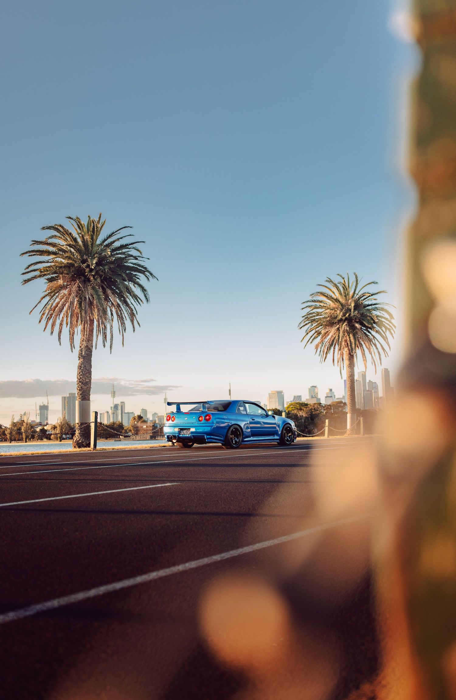 Blue Nissan Skyline R34 GT-R parked between palm trees with city skyline backdrop.