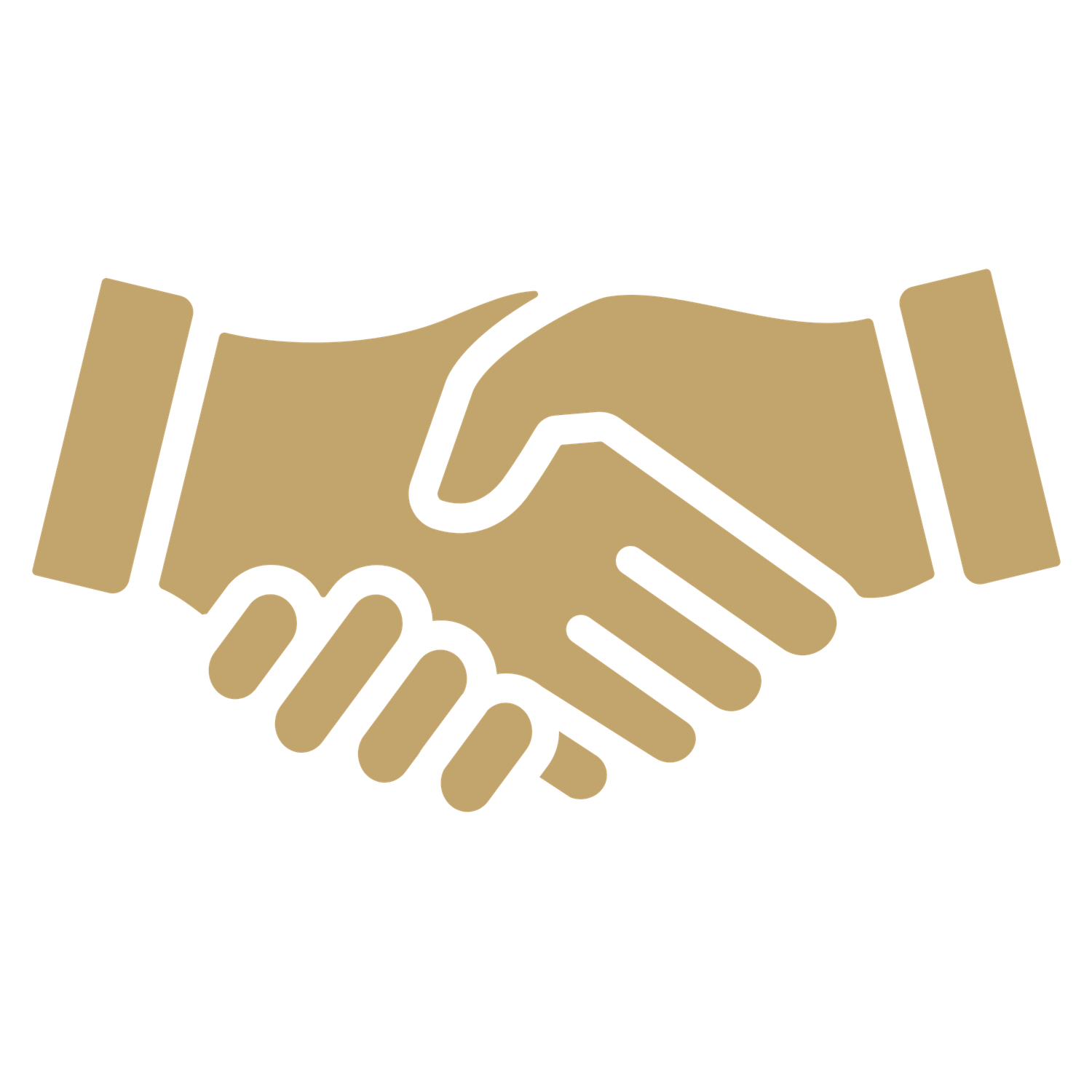 Gold handshake icon on white background symbolizing partnership and business agreement.