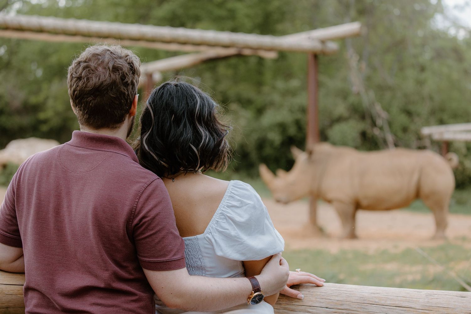 Couple sitting together at a zoo enclosure watching a rhinoceros in a natural habitat setting.