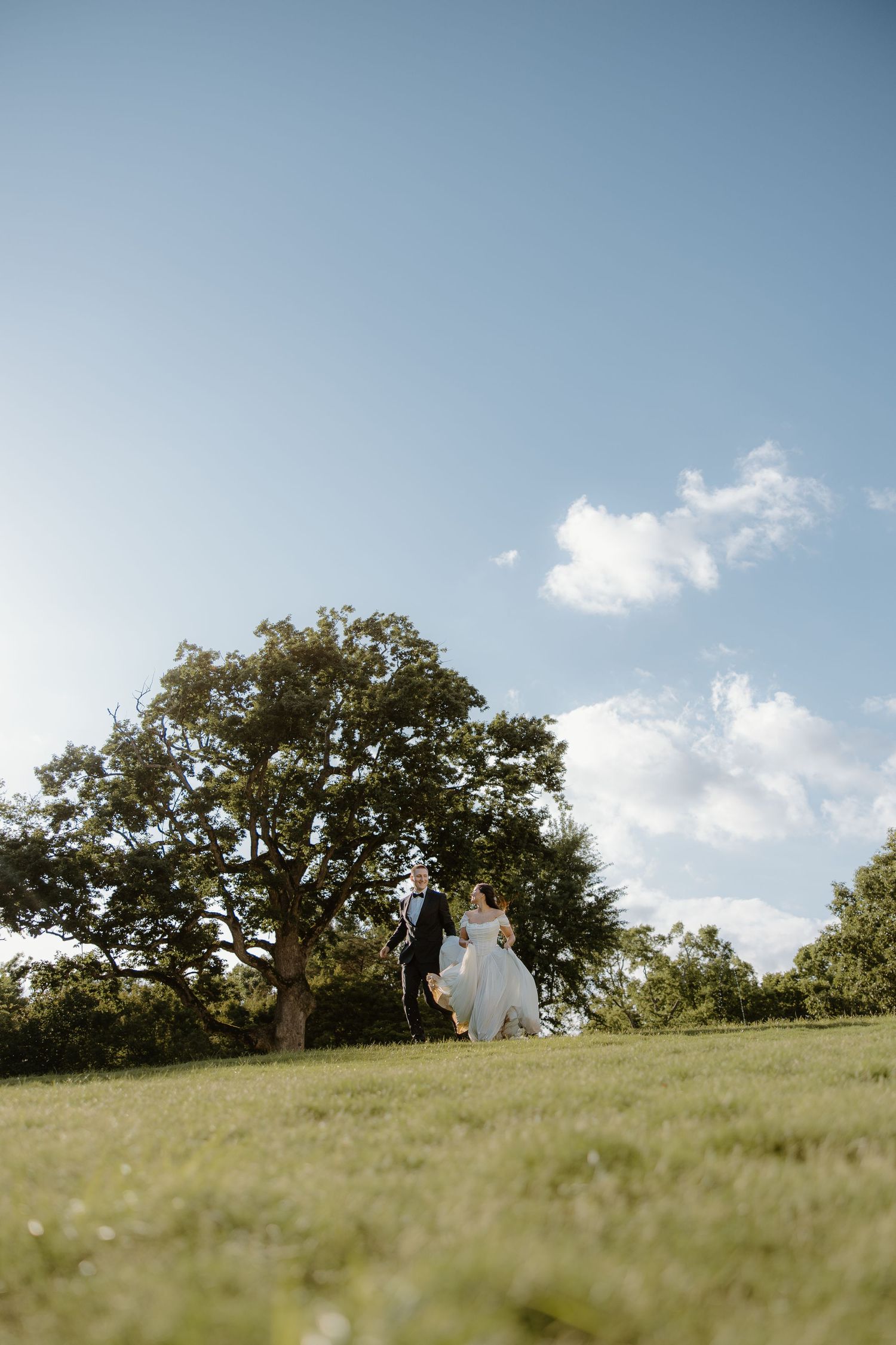 Bride and groom walking hand in hand on green lawn with large oak tree and blue sky backdrop.