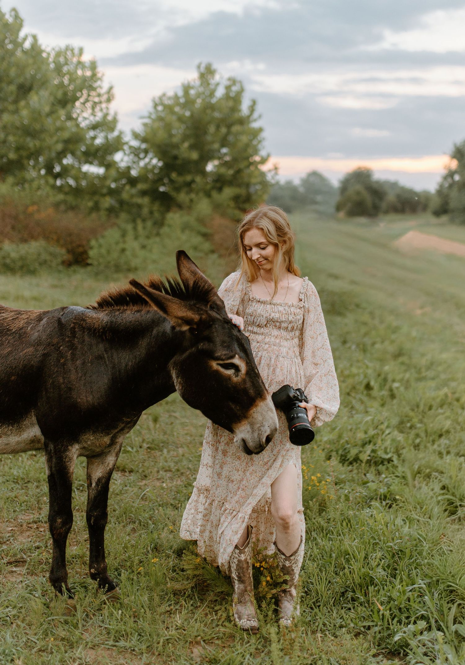 Woman in lace dress holding camera stands beside a dark brown donkey in a lush green field at dusk.