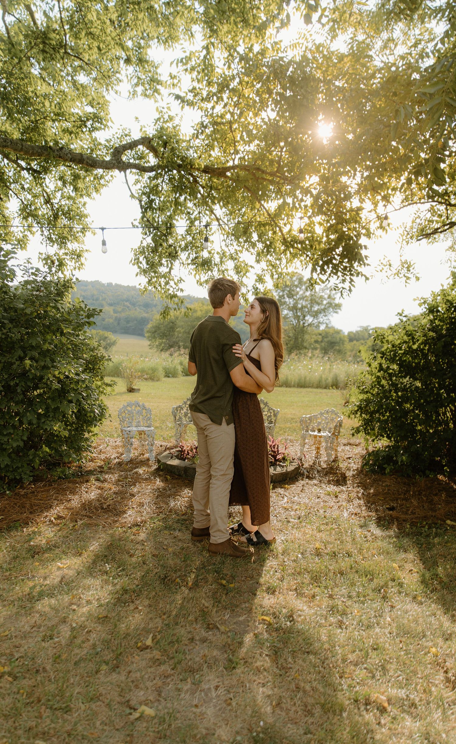 Couple shares a romantic kiss under a sunlit tree in a lush garden with scenic countryside views.