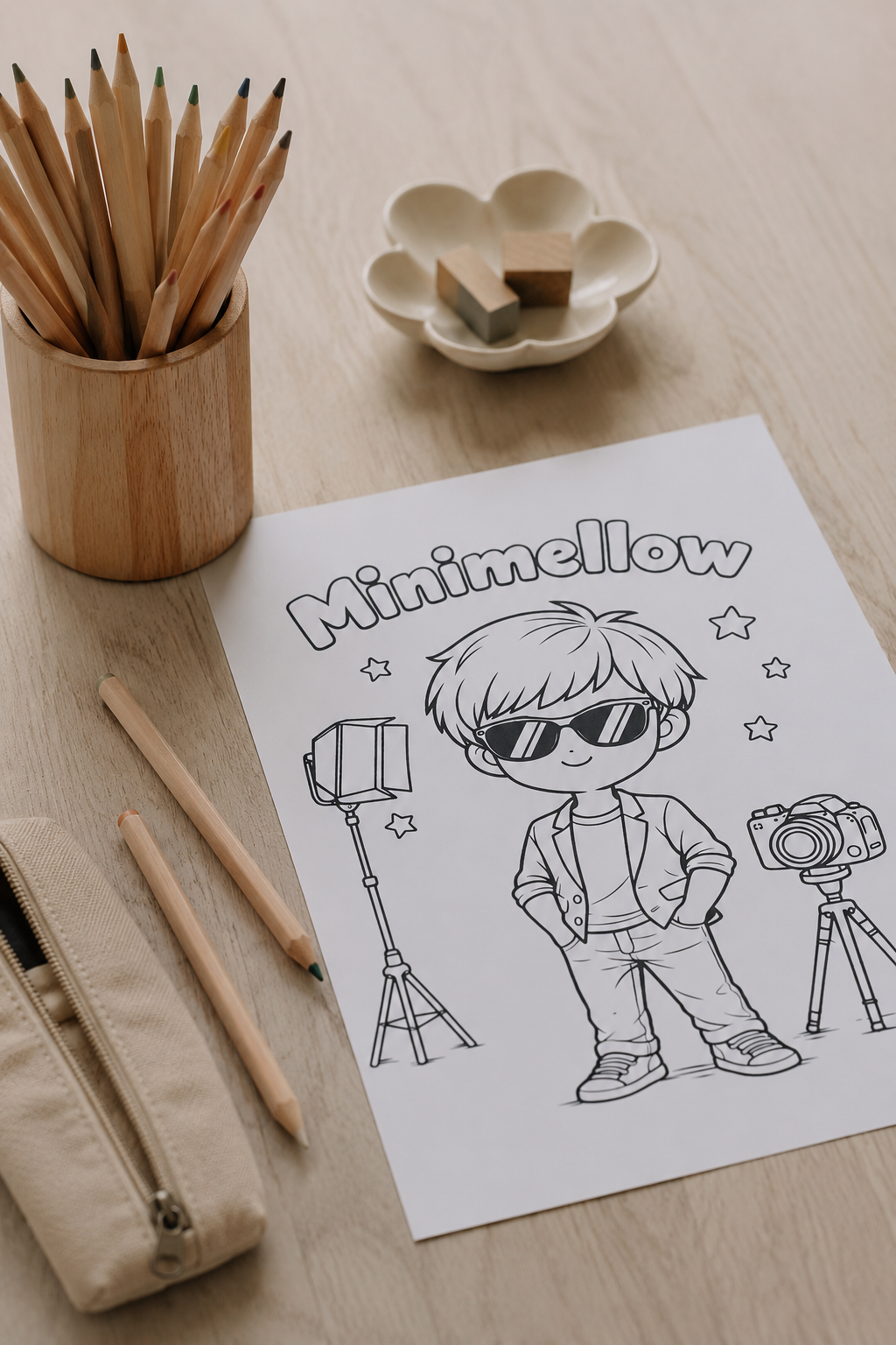 MiniMellow kleurplaat met een stoere jongen met zonnebril en camera's, klaar om ingekleurd te worden.