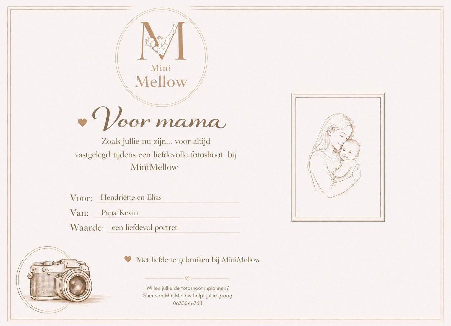 Elegant gift voucher for mom from MiniMellow featuring a mother-child illustration, camera graphic, and personalized details.