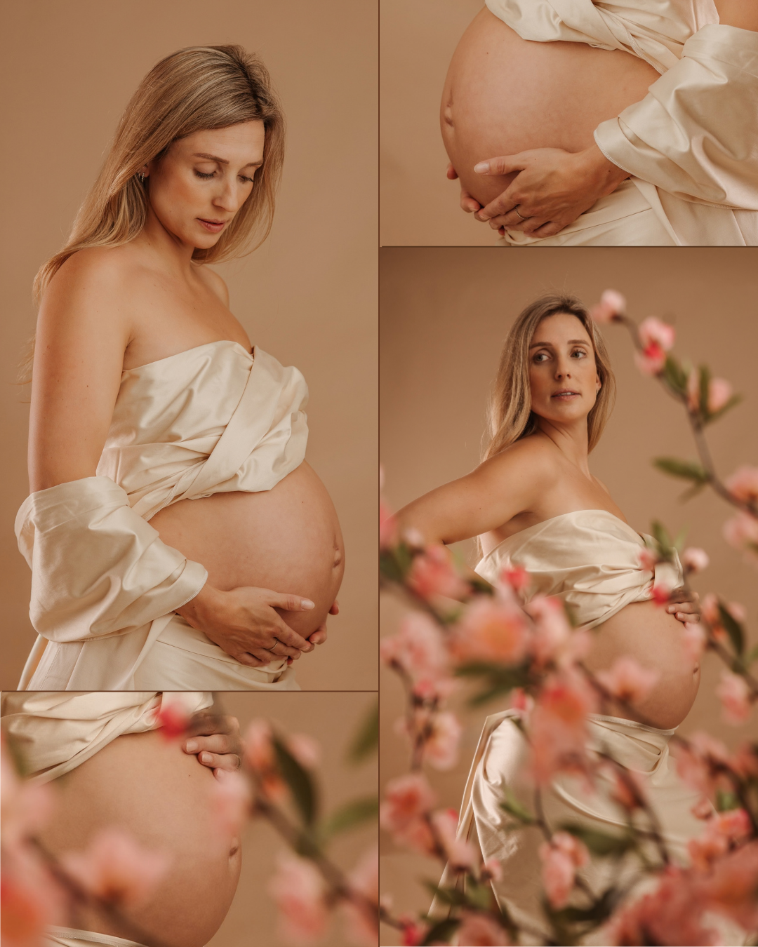 Zwangerschapsportret in witte satijnen doek met zachtroze bloemen in de Mini Mellow studio