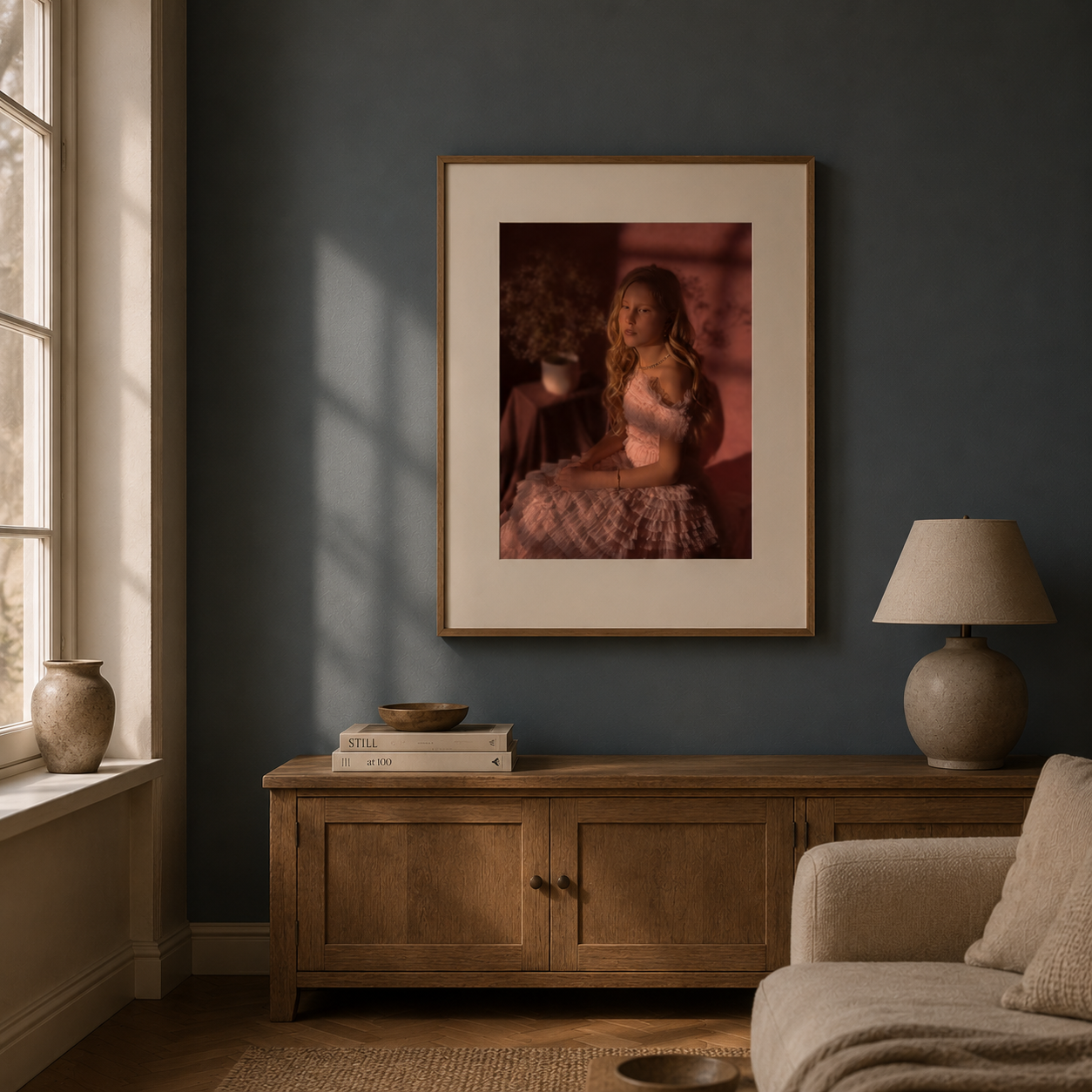 Ingelijst portret van een vrouw in roze als wanddecoratie boven een houten dressoir in een warme woonkamer.