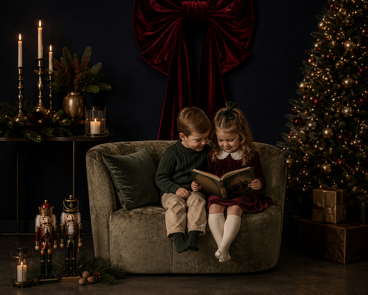 Two children reading a book together on a velvet sofa in a festive Christmas setting with tree and candles.