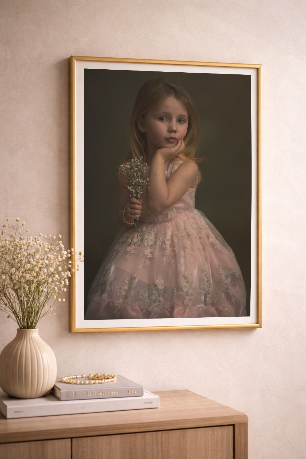 portret aan de muur van een meisje met n een roze jurk met bloemen tegen een donkergroen achtergrond met een bosje gipskruid in haar hand