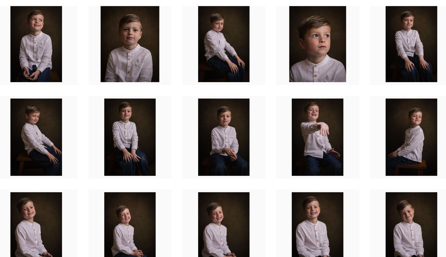 Collage van studioportretten van een jonge jongen in een wit overhemd met een donkere achtergrond.