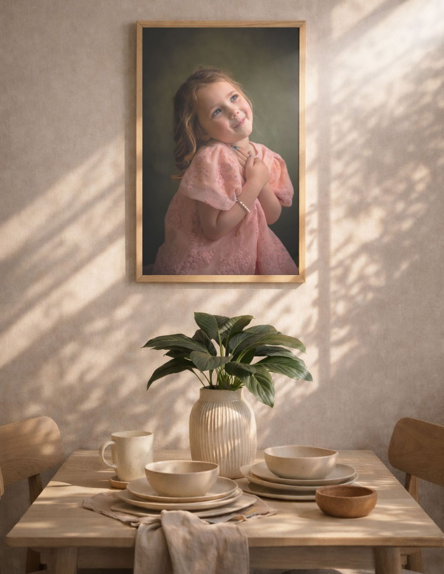 Kinderportret van een meisje in een roze jurk als wanddecoratie boven een eettafel met planten.