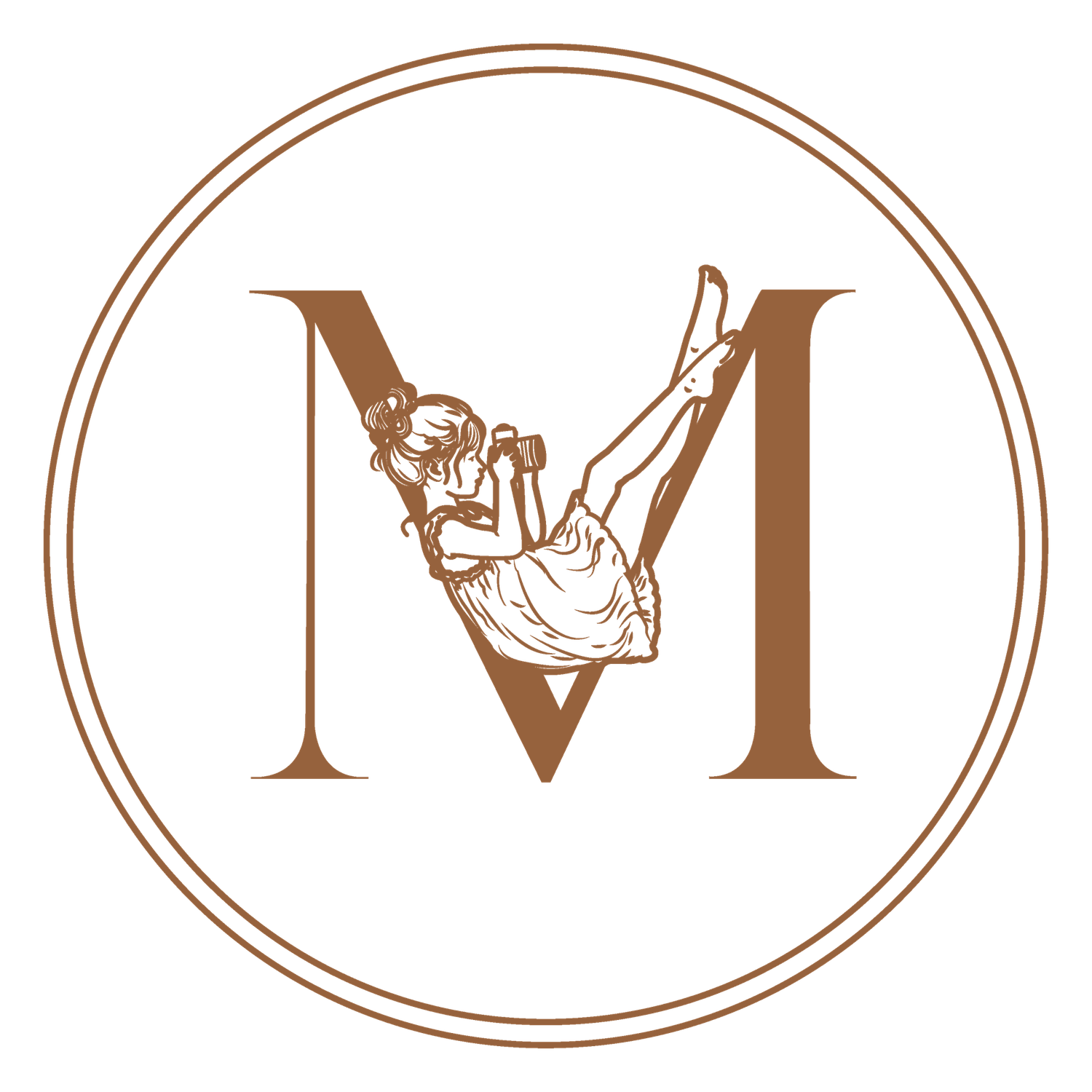 Elegant circular logo featuring a gymnast swinging on the letter M in warm brown tones.