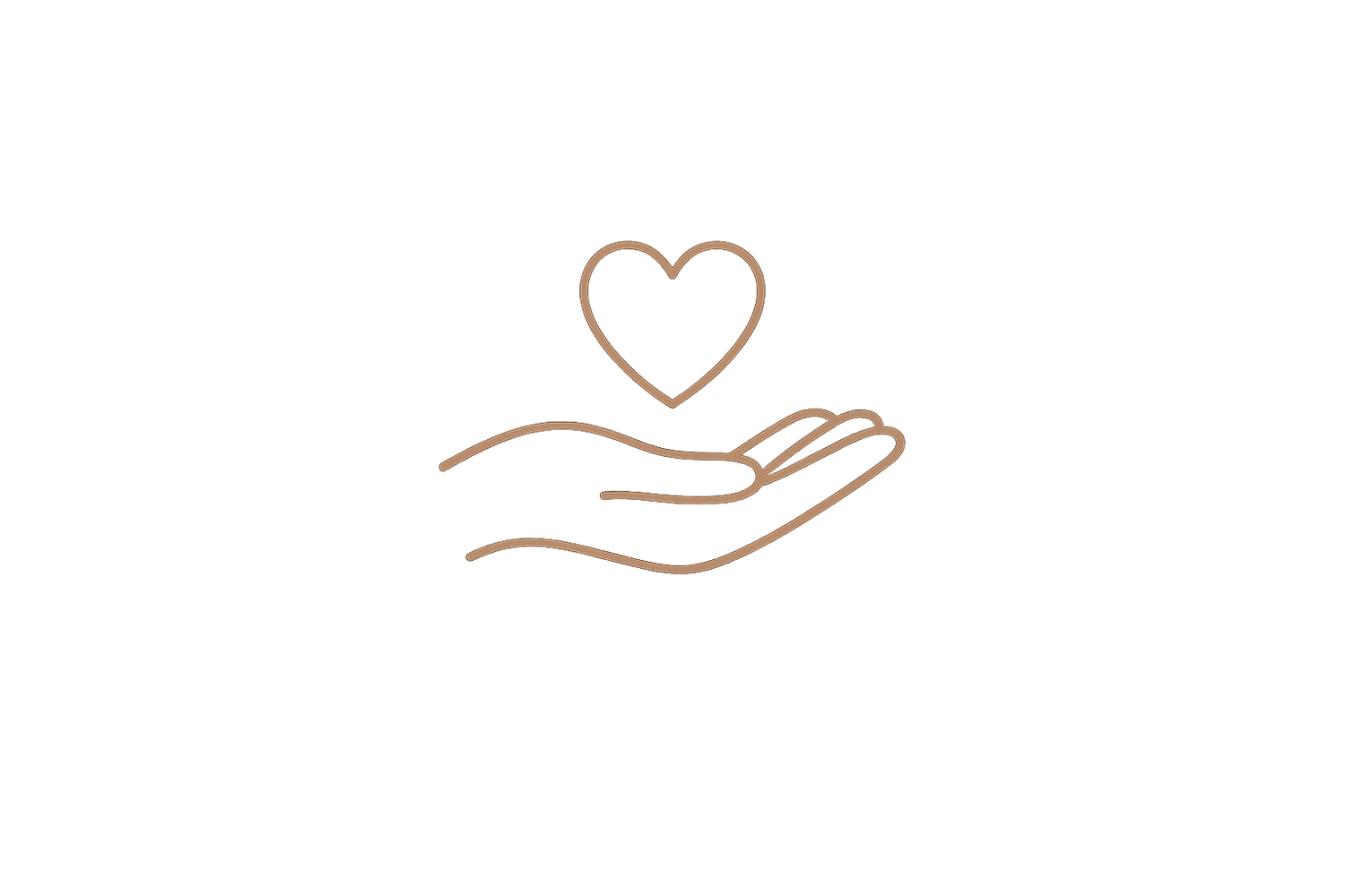 Minimalist brown line icon of a hand gently holding a heart on a white background.