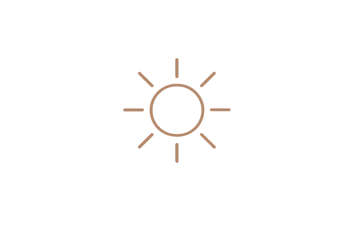 Minimalist brown sun outline icon with rays on a clean white background.