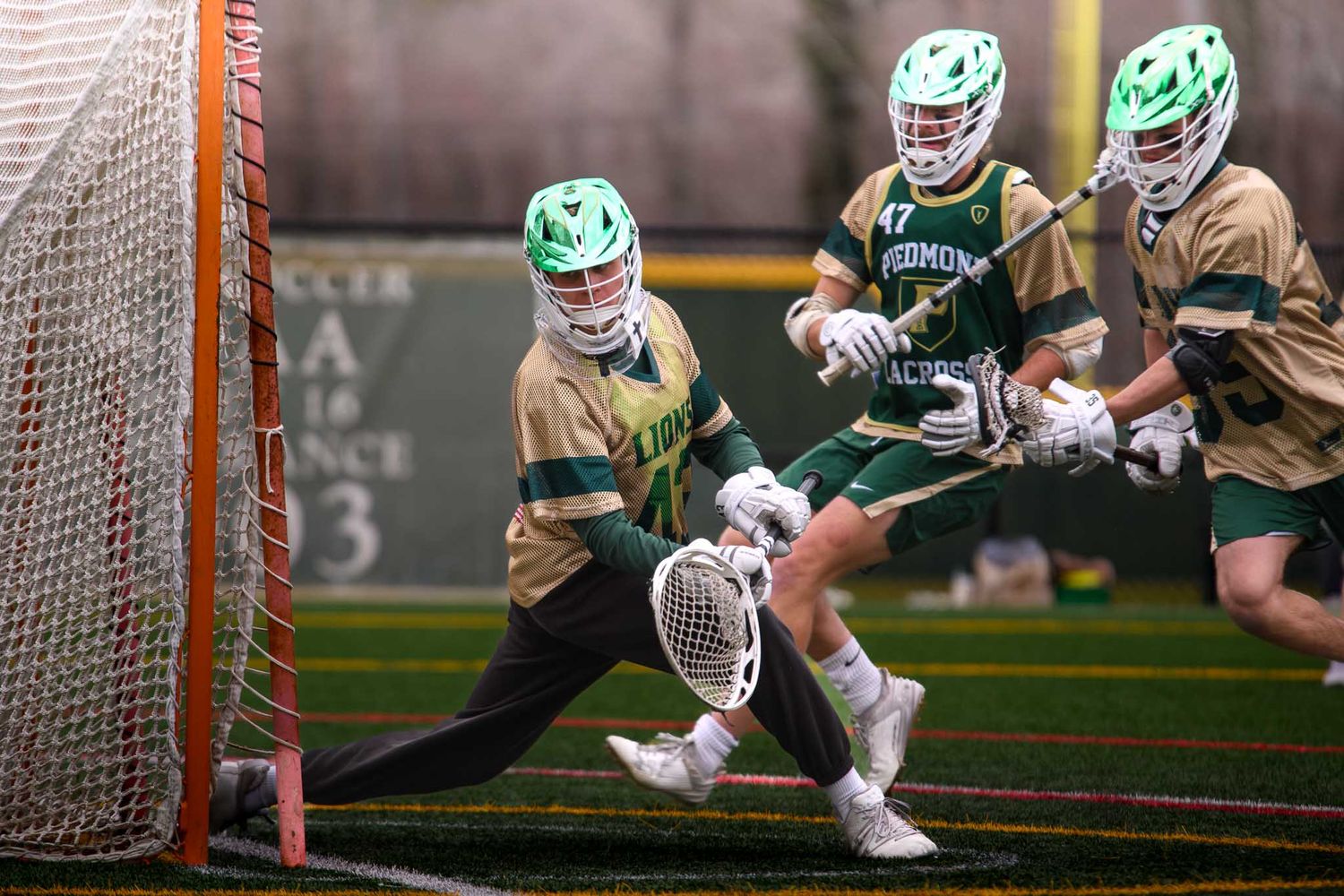Action shot of a Piedmont University lacrosse goalie in a green and gold uniform making a save near the net during a game.