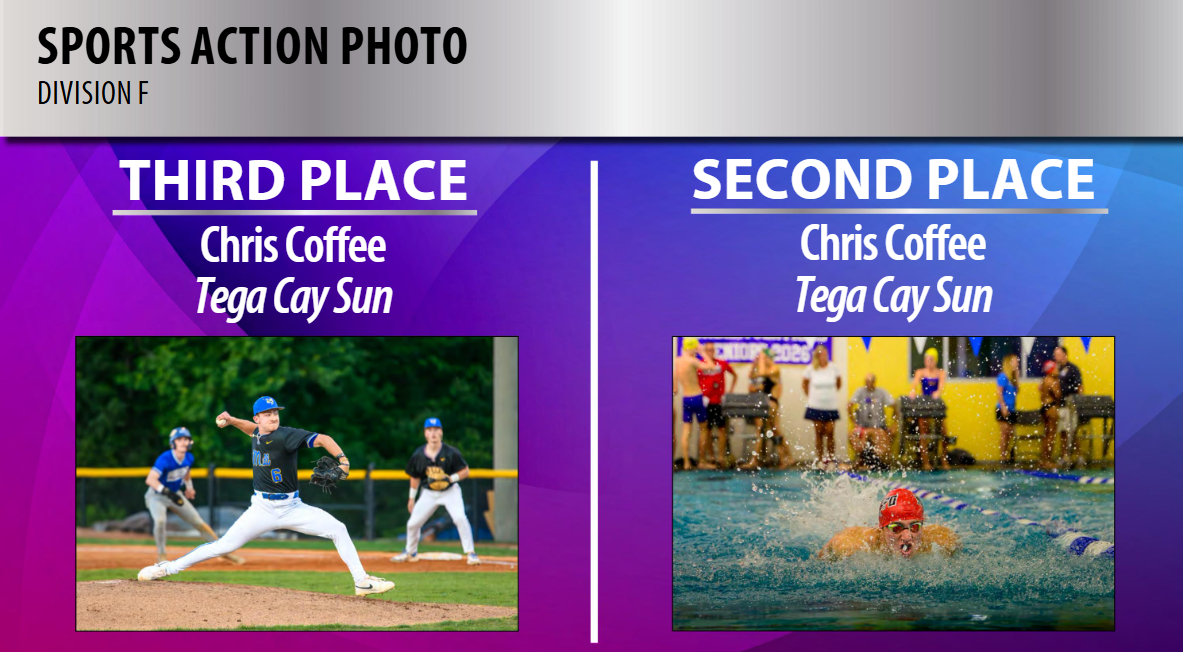 Award graphic showing 3rd place baseball pitching and 2nd place competitive swimming action photos.
