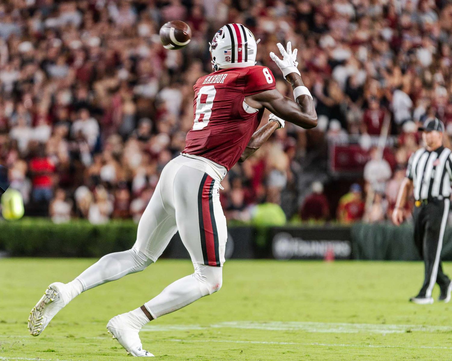 High-action shot of a football receiver jumping to catch a pass in front of a blurred stadium crowd.