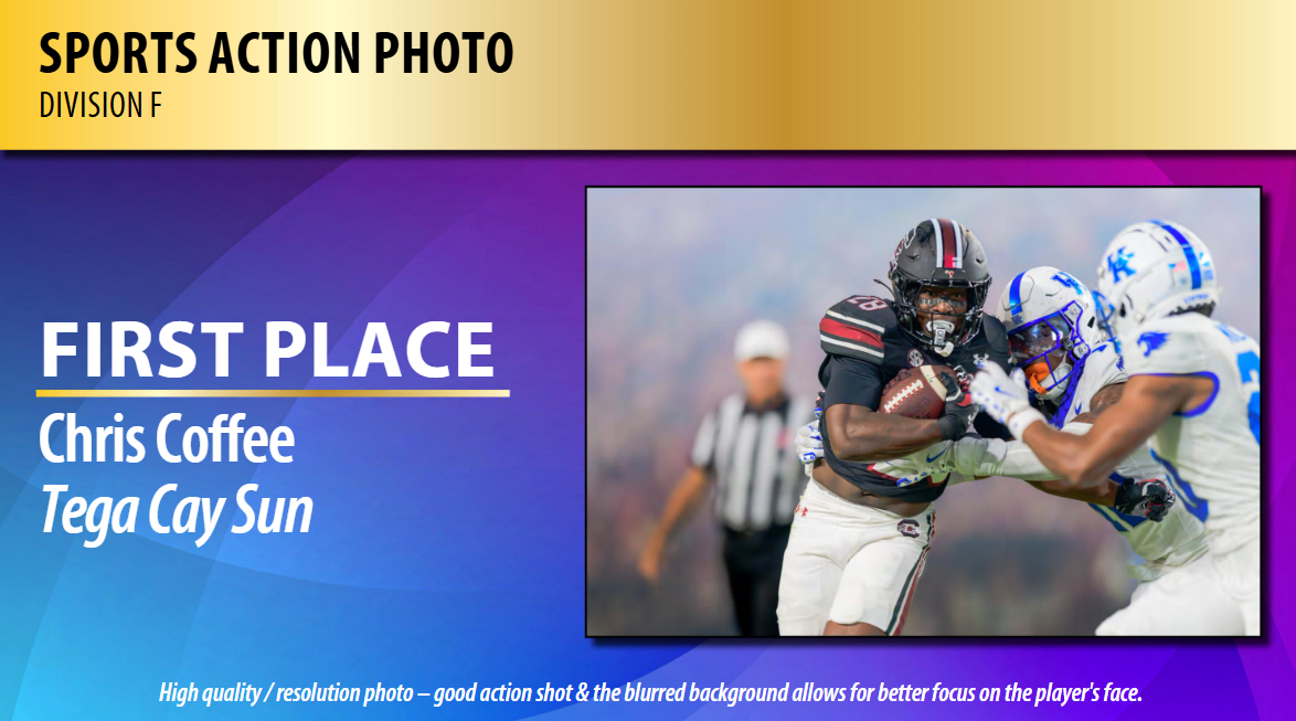 Graphic for a 1st place sports action photo award featuring a football player running past defenders.