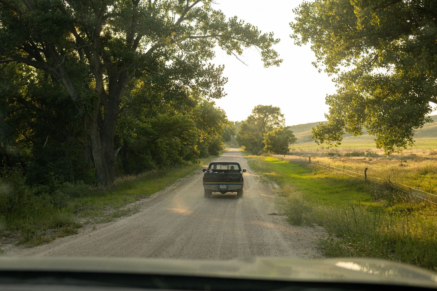 A truck drives down a scenic rural dirt road lined with lush green trees at dusk.