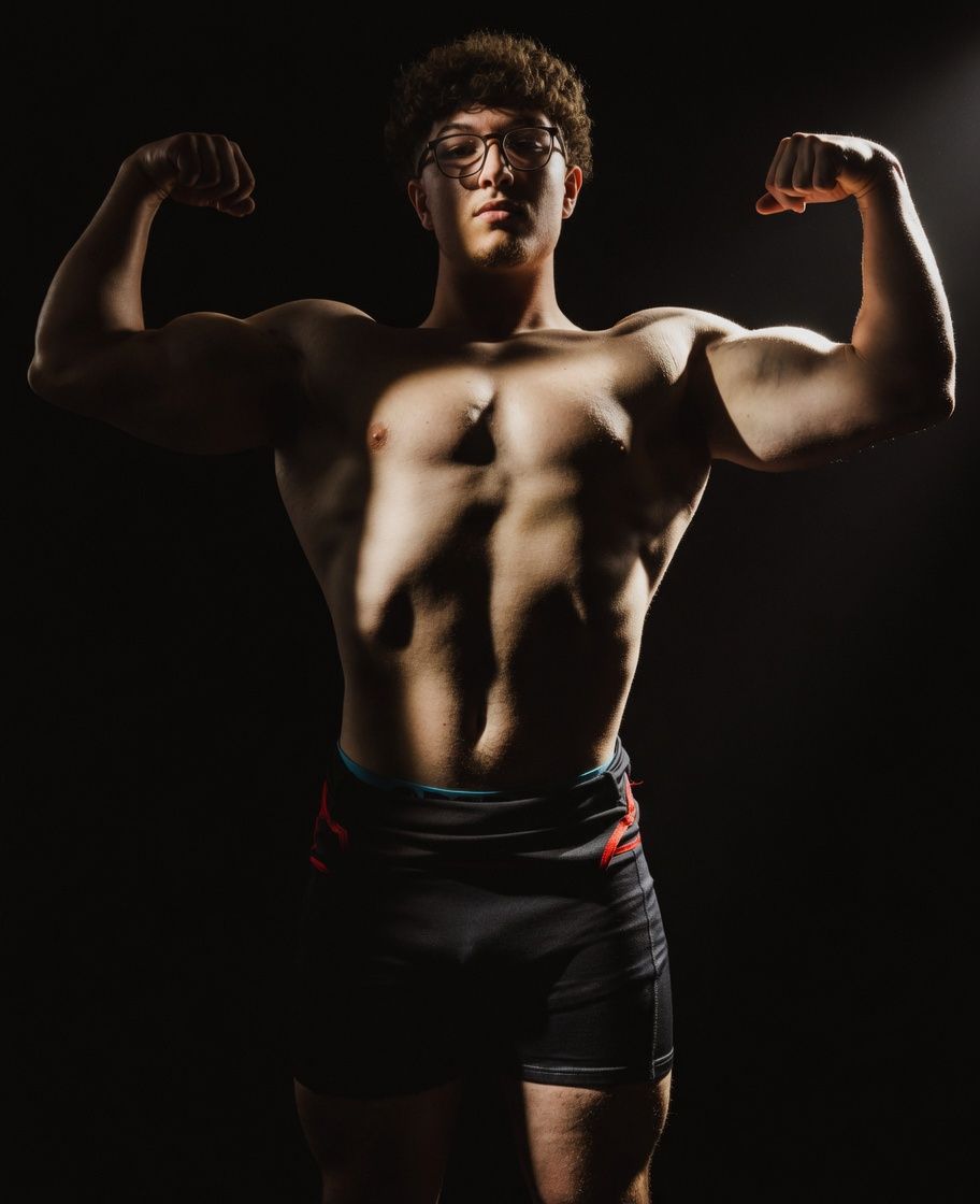 Muscular young man flexing biceps in dramatic lighting, wearing glasses and dark shorts against black background.