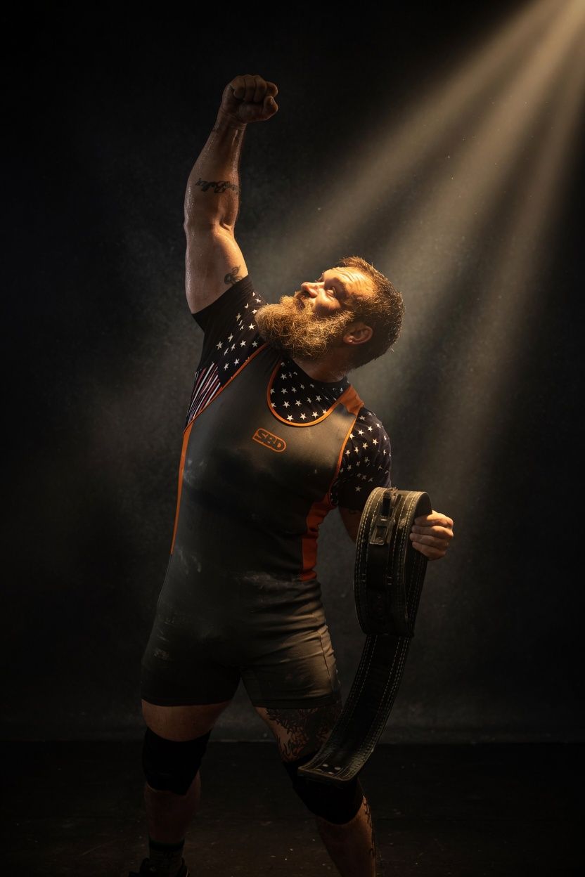 Bearded strongman in competition singlet raises fist triumphantly under dramatic spotlight on dark stage.
