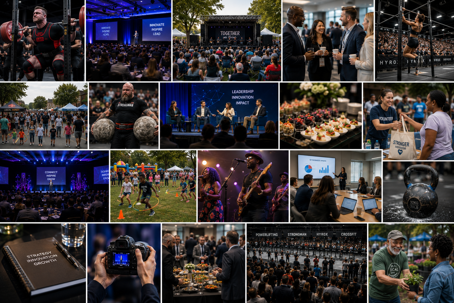 Collage of conference and event highlights featuring speakers, crowds, performances, food displays, and networking moments.
