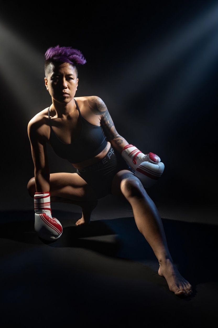 Female boxer with purple mohawk and tattoos kneels in boxing gloves under dramatic spotlight on dark background.