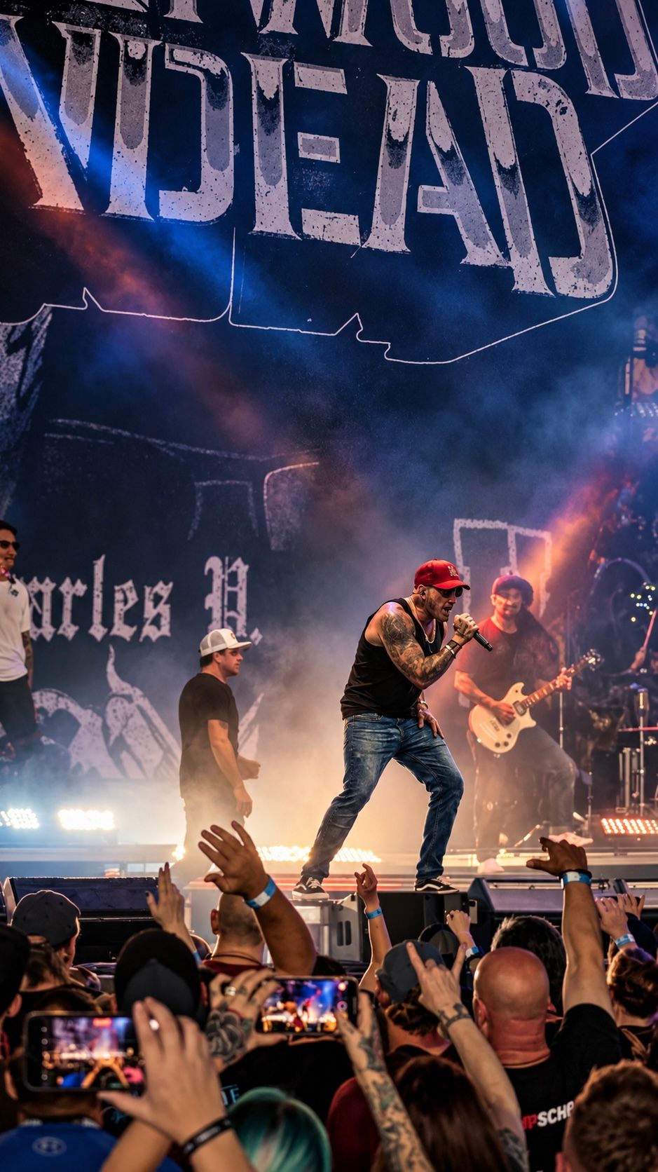 Hollywood Undead band performing live on stage with energetic crowd, guitarist, and tattooed vocalist in red cap under dramatic lights.