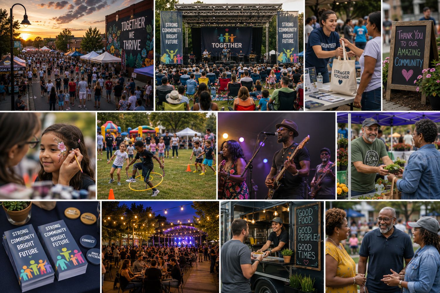 Vibrant community festival collage featuring live music, food vendors, string lights, and diverse crowds enjoying outdoor celebrations.
