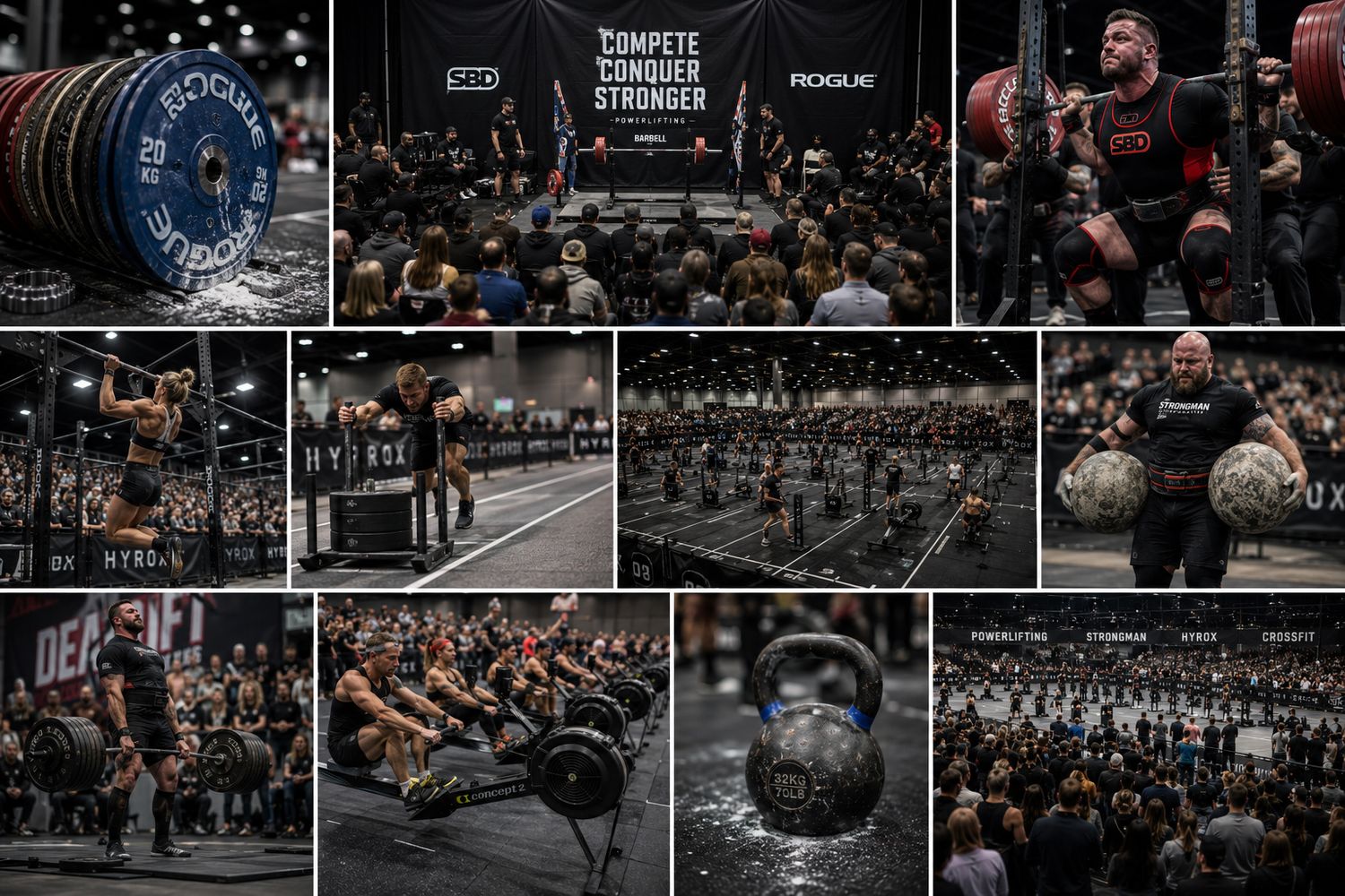 Athletes compete in a CrossFit strength competition at a Rogue-sponsored event with barbells, kettlebells, and packed spectator stands.
