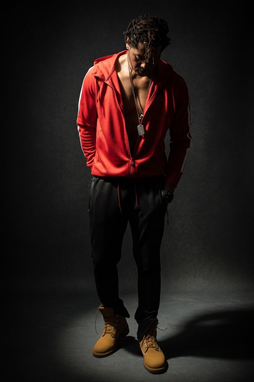 Man in red hoodie and black joggers with tan boots poses against dark background.