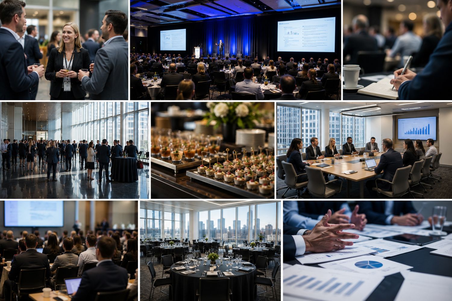 Professional business conference collage featuring networking, presentations, gala dinner, and corporate meetings in a modern venue.