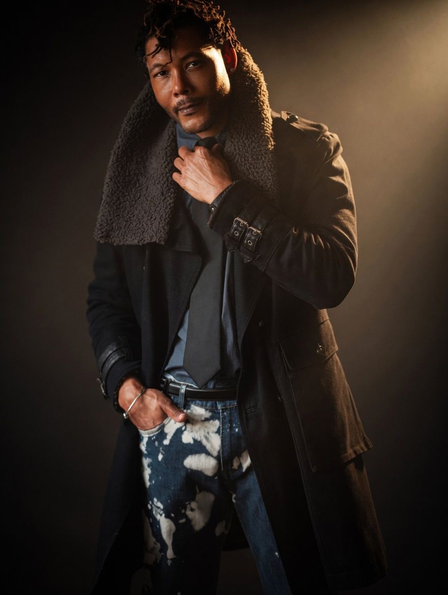 Man in dark long coat with shearling collar, patterned pants, posing dramatically against moody dark background.