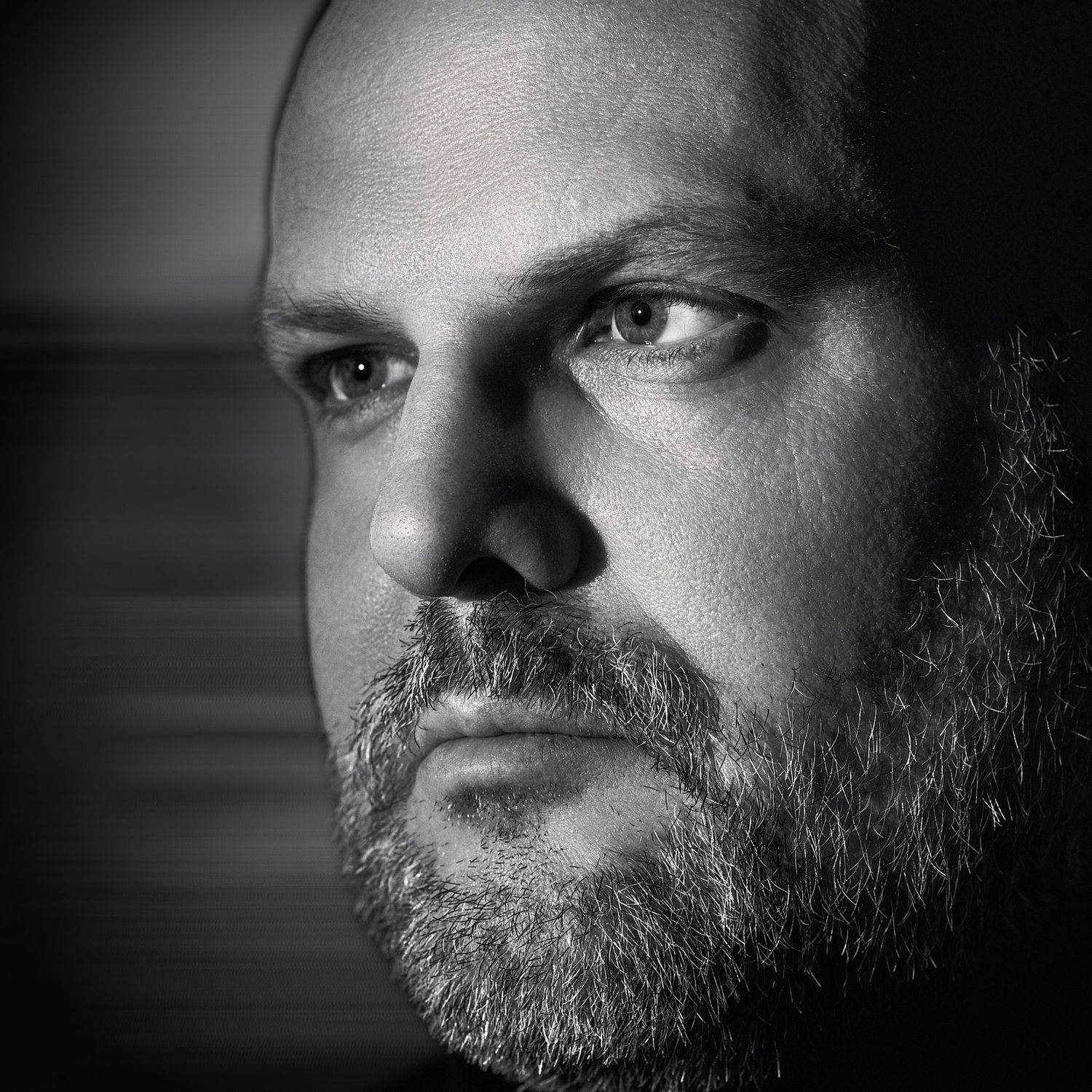 Black and white portrait of a bald man with a beard, captured in dramatic side lighting.